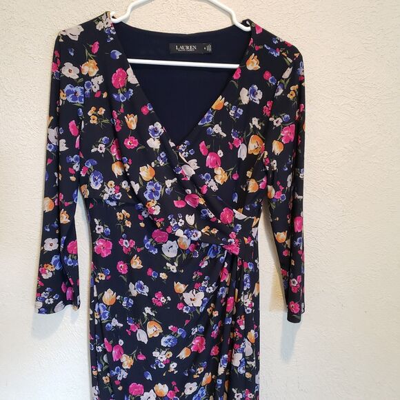Lauren Ralph Lauren Cleora Front Twisted Floral Jersey Surplice Dress Navy Sz 6 - Picture 2 of 9